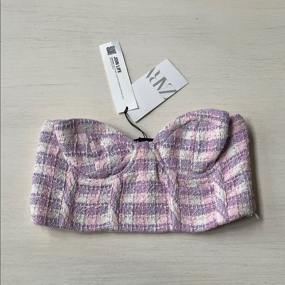 Zara Lavender and White Plaid Bustier Top